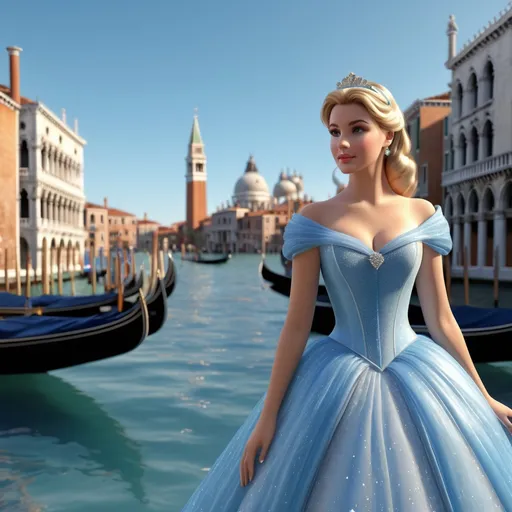 Prompt: Hyper realistic 64k 3d Cinderella in hyper realistic and very detailed 64 3d hd, in Venice, very detailed, Venice Background 