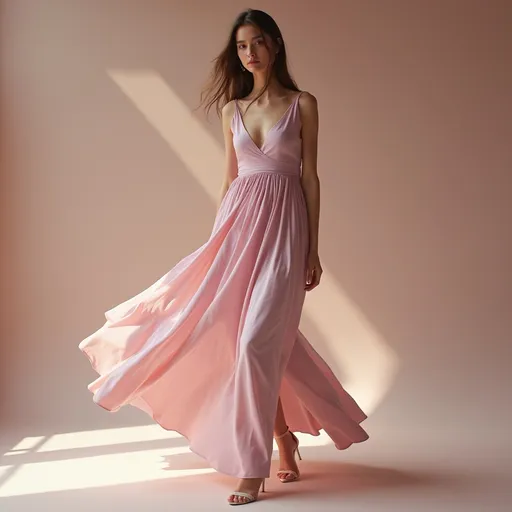 Prompt: (pastel dress), elegant calvin klein design, soft and flowing fabric, graceful silhouette, minimalistic style, muted color palette, (light pink, lavender), warm cozy lighting, sophisticated and classy ambiance, detailed texture, ultra-detailed, soft shadows creating a harmonious atmosphere, high fashion imagery perfect for editorial use.