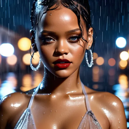 Prompt: Hyper realistic Rihanna wearing a very detailed wet transparent dress under the night rain in Venice, with wet hair, many rain, sensual and hyper realistic expression of the face, HD 64k 