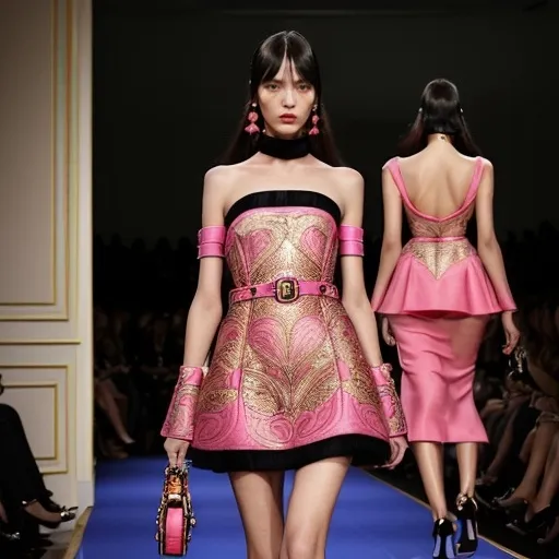 Prompt: (Miu Miu dress), (high fashion), vibrant colors, stylish elegance, chic design, soft fabric folds, intricate details, luxurious textures, fashion runway ambiance, ultra-detailed, glamorous lighting, captivating silhouette, artistic presentation, modern haute couture, fashion statement, innovative styling, fashionable setting, stunning visual appeal.