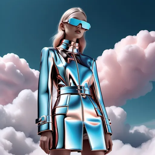 Prompt: <<THE_MARKER>> Miu Miu Cyborg, futuristic and stylish design elements, ethereal atmosphere, sleek metallic textures, vibrant colors, a dreamy sky backdrop filled with soft clouds, dynamic lighting creating visual depth, intertwined with sci-fi elements, high-resolution, ultra-detailed, showcasing a powerful aesthetic and glamorous vibe, hovering elegantly among the clouds.