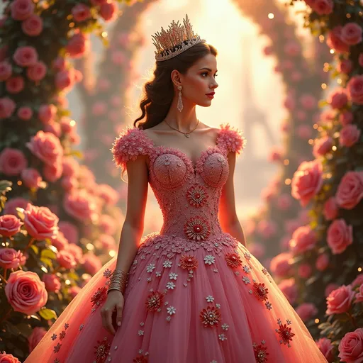 Prompt: (Glinda the Good Witch), dressed in stunning (Dolce&Gabbana fashion), (elegant gown), intricate floral patterns, shimmering embellishments, (glamorous accessories), nestled in a magical environment, whimsical colors, warm lighting, enchanting atmosphere, soft focus depth of field, ultra-detailed, surreal fantasy elements, enchanting background with sparkles and twinkling lights, high quality 4K.