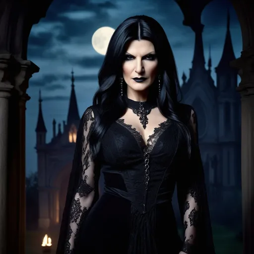 Prompt: (central content: Laura Pausini as Elvira), (vibrant colors), dramatic contrasts, haunting atmosphere, elaborate gothic costume, long black dress, bold makeup, lace accents, iconic Elvira hairstyle, expressive pose, eerie yet captivating background, moonlit setting, whispering shadows, hints of gothic architecture, high-quality, ultra-detailed design, focus on the synthesis of pop culture and horror.