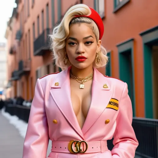 Prompt: Hyper realistic Rita Ora wearing a Moschino outfit in a Wes Anderson Movie