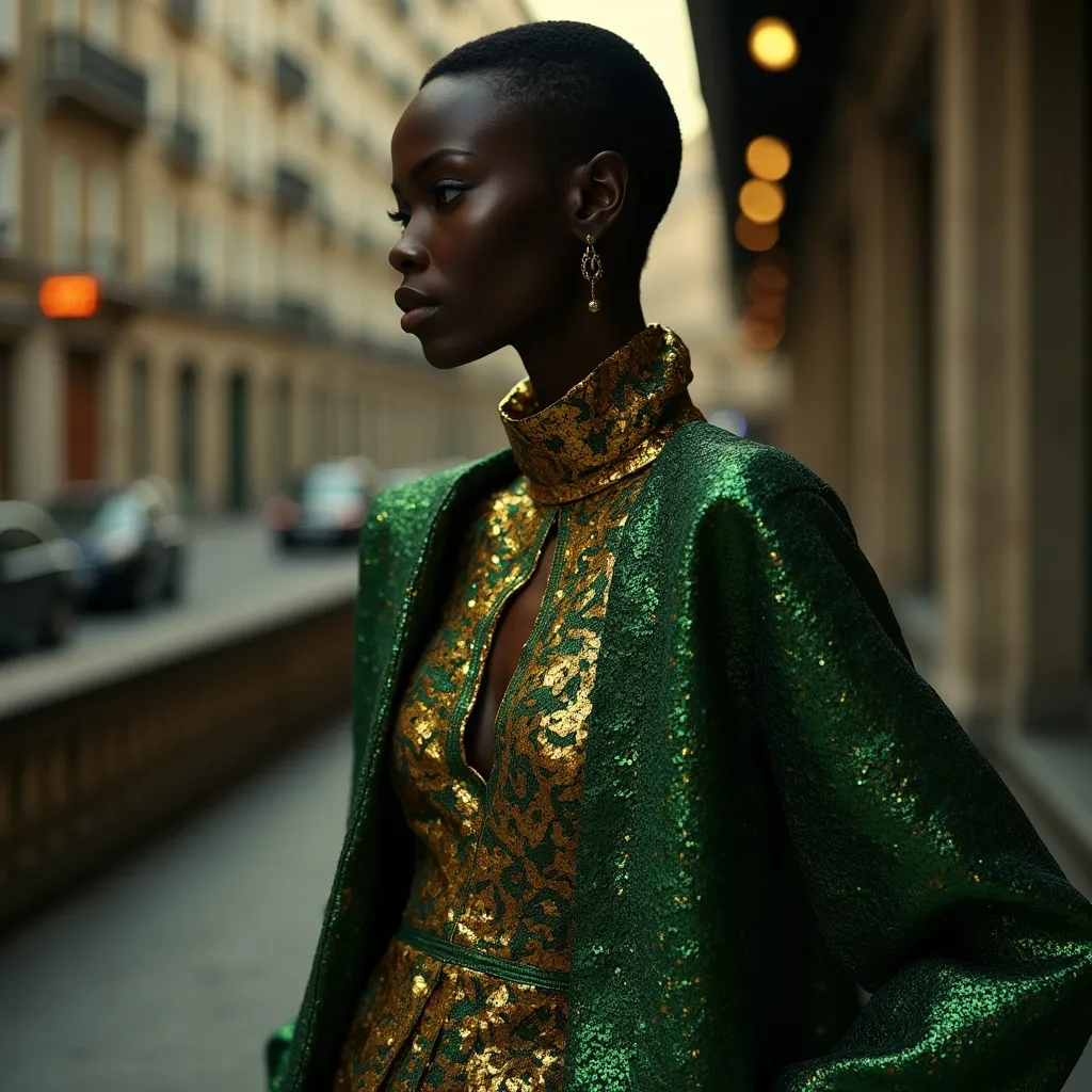 Prompt: (Alek Wek wearing Cavalli), striking elegance and defined silhouette, dramatic pose highlighting high fashion, luxurious fiber textures, deep and rich color palette of gold and emerald, showcasing intricate Cavalli designs, soft ambient lighting to emphasize the details, urban chic background to enhance the modern vibe, ultra-detailed, high-definition quality.