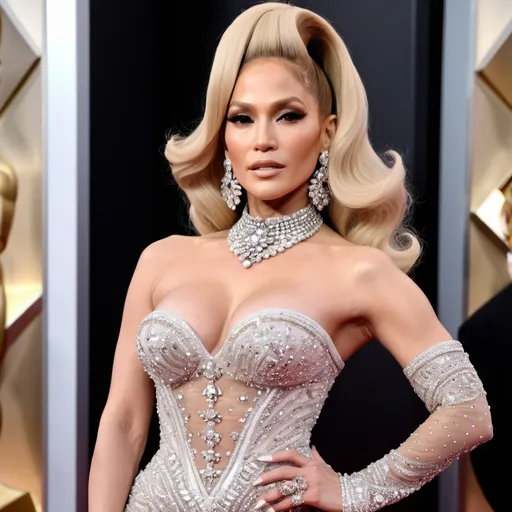 Prompt: Highly detailed image of Jennifer Lopez as Amanda Lepore wearing a very glamorous and high fashionable highly detailed 64k 3D dress by Valentino