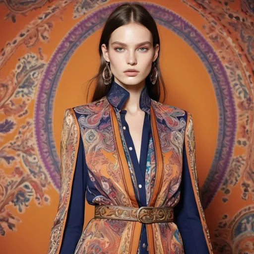 Prompt: (vibrant Etro concept), intricate patterns, lively colors, eclectic textiles, signature paisleys, bold prints, artful layering, playful mix of styles, bohemian vibe, luxurious textures, dynamic composition, soft lighting, richly detailed, high fashion atmosphere, trending on fashion platforms, ultra-detailed.