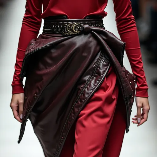 Prompt: (Balmain belt as a skirt), high fashion design, chic and glamorous, stylish textures, modern silhouette, intricate detailing, luxury accessory, elegant draping, bold statement piece, runway ready, sleek lines, contrasting color palette, soft fabric, visually striking, sophisticated vibe, fashion-forward aesthetic, ultra-detailed, HD.