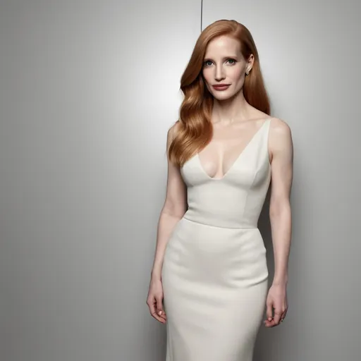 Prompt: Jessica Chastain wearing Calvin Klein minimal 90s dress with long straight hair 
