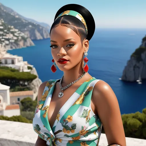 Prompt: Hyper realistic Rihanna as an accurate 50s Italian woman in Capri wearing a hyper realistic Prada outfit 64k 3d hd 