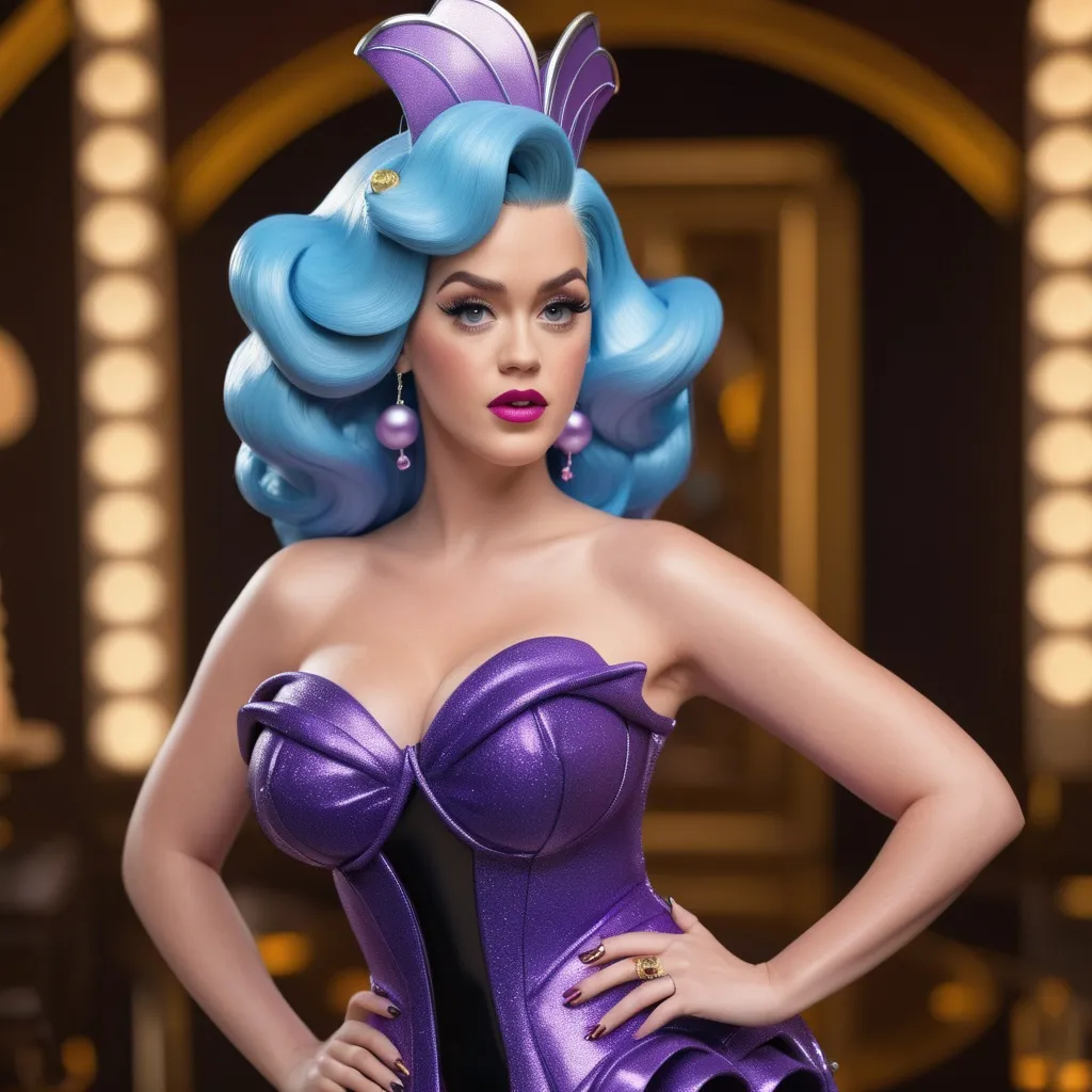 Prompt: Hyper realistic 64k 3d Ursula from The Little Mermaid as Katy Perry in hyper realistic and very detailed 64 3d hd, wearing Moschino and heels outfit, very detailed Moschino dress 64k Reflex ultra hd quality and very detailed Moschino heels 64k ultra hd quality 