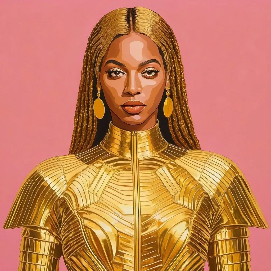 Prompt: Beyonce wearing golden metal suit by Paco Rabanne in a Wes Anderson scenario 