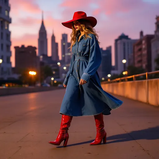 Prompt: Red High heels boots over the knees on a long jeans dress and a big red hat all by Dkny 