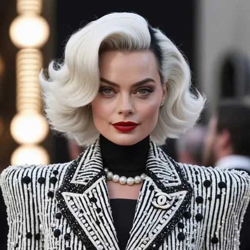 Prompt: A hyper realistic Margot Robbie as Cruella in a Chanel very detailed and accurated 64k quality HD 3D outfit
