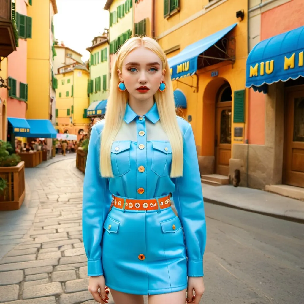 Prompt: Kim Petras wearing Miu Miu in a Wes Anderson Italian city