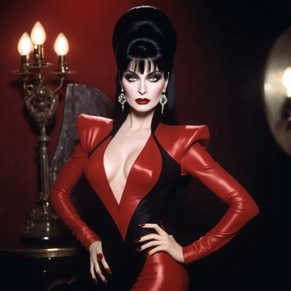 Prompt: (Elvira in Mugler fashion), striking pose, glamorous outfit, theatrical makeup, dramatic lighting, high contrast shadows, vintage glamour, moody ambiance, ultra-detailed, captivating gaze, rich color palette with deep reds and blacks, chic accessories, fashion-forward aesthetic, timeless elegance, enchanting allure, artistic flair, bold and sophisticated style, evoking charisma and confidence.