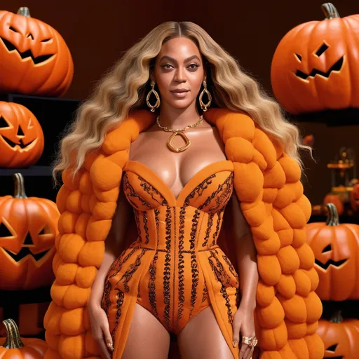 Prompt: (Beyoncé wearing a Fendi pumpkin Halloween inspired dress), vibrant colors, lively atmosphere, dramatic and playful design, intricate pumpkin motifs, elegant yet whimsical style, warm lighting, high detail fabric textures, enchanting Halloween vibes, ultra-detailed, 4K quality, fashion-forward concept, rich and bold tones, a captivating expression reflecting fun and festive spirit, adorned with charming accessories, background featuring subtle spooky touches.