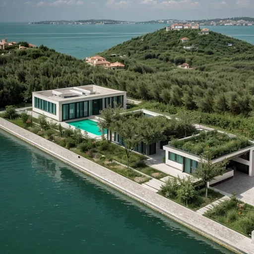 Prompt: Sustainable green building into an Adriatic Sea town