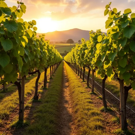 Prompt: (vineyard), lush green grapevines stretching across rolling hills, golden sunlight casting warm tones, vibrant colors highlighting ripe grapes, serene harvest atmosphere, soft breeze rustling leaves, rustic wooden staves in the foreground, distant mountains silhouetted against a vivid sky, high-quality ultra-detailed, evokes a sense of tranquility and abundance.