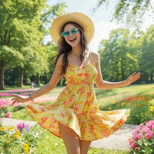 Prompt: (Cheerful girl in a summer outfit), vibrant colors, warm sunlight, flowing hair catching the breeze, wearing a trendy sundress, accessorized with a wide-brimmed hat and sunglasses, standing in a sunny park, surrounded by colorful flowers and green grass, joyful expression, (HD, ultra-detailed), evoking a feeling of freedom and warmth, perfect summer day ambiance.