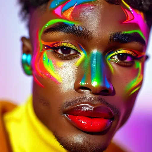 Prompt: (vibrant makeup) Fenty beauty full face makeup on a gay boy, striking colors and artistic blending, dynamic contrast, a captivating expressive look, detailed facial features, radiant skin, playful lip look, ambient lighting showcasing real-time application, bright environment reflecting a beauty influencer vibe, ultra-detailed, 4K resolution, playful mood.