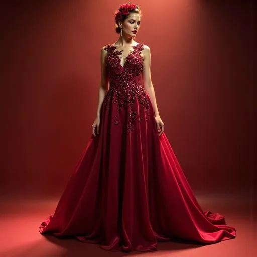 Prompt: (white wine dress), stunning fashion design, elegant flowing gown, rich burgundy hues, textured satin fabric, (vibrant), intricate floral embellishments, soft flowing layers, unique neckline, luxurious appearance, warmly lit glimmering atmosphere, sophisticated and enchanting ambiance, high-quality, ultra-detailed, inspired by contemporary haute couture.