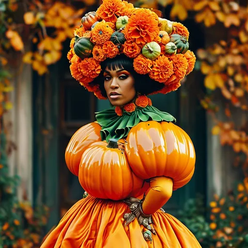 Prompt: Lizzo wearing Dolce&Gabbana dress inspired by Halloween pumpkins, (vibrant) orange and deep green colors, elegant flowing fabric, (whimsical) pumpkin motifs, intricate details, dramatic silhouette, festive ambiance, backdrop of soft autumn foliage, warm golden light accentuating the textures, (HD) ultra-detailed design, combining haute couture with seasonal spirit, evoking a playful yet sophisticated mood.