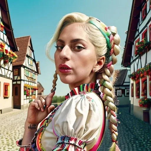 Prompt: (Lady Gaga as a German girl), (vibrant colors), stylish traditional German attire, cheerful expression, intricately detailed braids, whimsical background of a picturesque village, striking contrast between her bold persona and traditional fashion, capturing a sense of fun and creativity, (4K), ultra-detailed, playful ambiance, merging modern pop with folklore aesthetic.