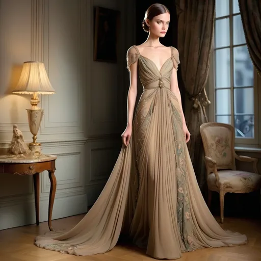 Prompt: (vintage Valentino dress), exquisite detailing, soft flowing fabric, elegant silhouette, rich textures, muted colors, classic design, romantic ambiance, intricate embellishments, luxurious draping, timeless elegance, high fashion, (ultra-detailed), opulent background, ethereal lighting, enchanting atmosphere, highlighting the artistry of couture fashion.