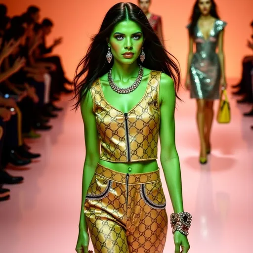 Prompt: (Elphaba wearing moschino), striking pose, vibrant green skin, dark flowing hair, poised facial expression, luxurious Gucci outfit, fashion-forward accessories, playful yet sophisticated, (bold patterns), stylish handbag, adventurous demeanor, brightly lit runway background, high fashion atmosphere, runway models in soft focus, ultra-detailed, (fashion illustration).