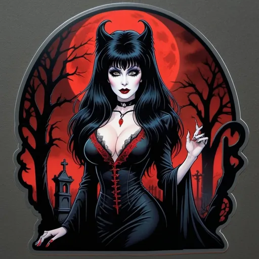 Prompt: Elvira of the Dark, (gothic elegance), (vibrant color contrasts), haunting backdrop of a misty graveyard under a full moon, dramatic shadows highlighting her iconic outfit, pose with a playful yet mysterious expression, rich red and black tones, capturing a blend allure, high detail, 4K quality, atmospheric and vibe.