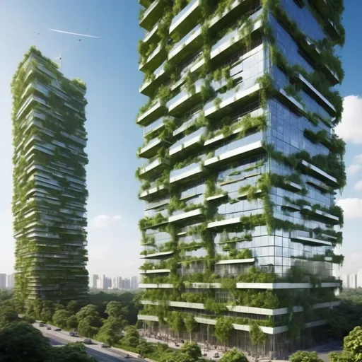 Prompt: Sustainable skyscraper, eco-friendly architecture, futuristic design, lush greenery, sustainable materials, solar panels, energy-efficient glass exterior, vibrant and eco-friendly, high quality, futuristic, sustainable, green architecture, eco-friendly, energy-efficient, vibrant, futuristic design, lush greenery