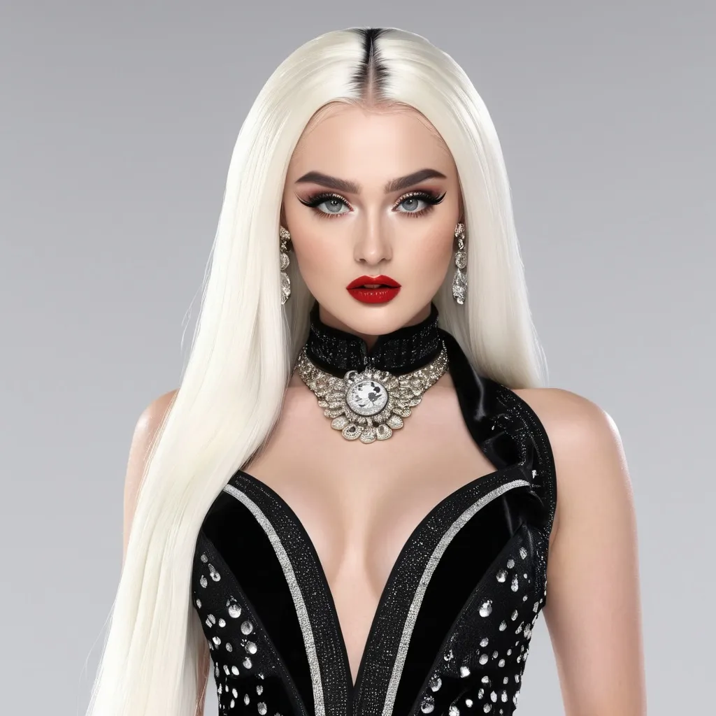 Prompt: A hyper realistic Kim Petras as Cruella in a Versace very detailed and accurated 64k quality HD 3D 