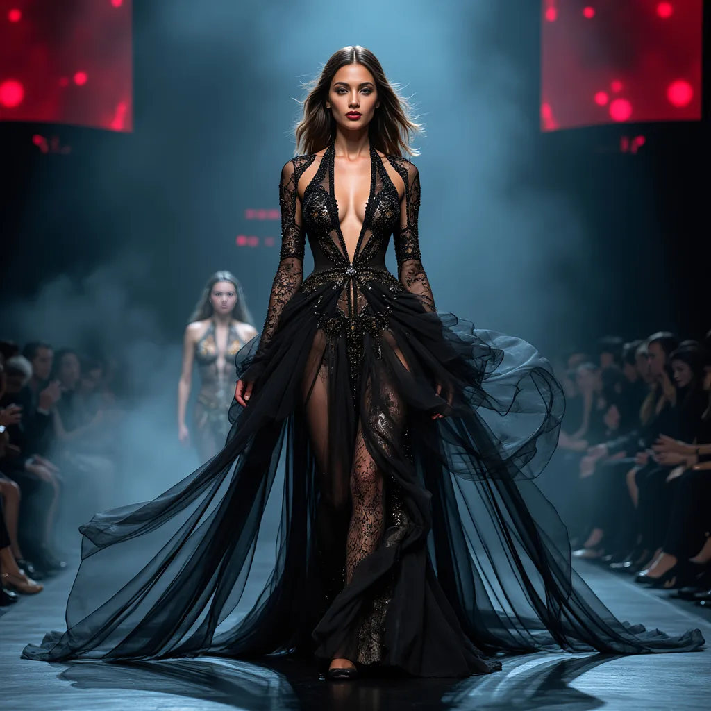 Prompt: (Mugler dress), high fashion, avant-garde design, intricate detailing, elegant silhouette, flowing fabric, magical ambiance, luxurious textures, contrasting colors, dramatic lighting, ethereal mood, photo-realistic quality, captivating visuals, haute couture essence, runway-ready feel, ultra-detailed design.