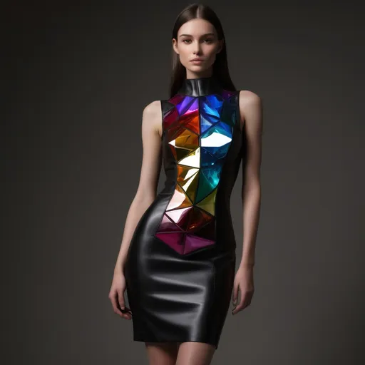 Prompt: Visualize a stunning leather and glass tubino dress that glistens under soft, ambient lighting. The dress, intricately designed, hugs the curves of a poised figure, with elegant glass panels reflecting a myriad of colors like prisms. The scene is set in an elegantly minimalist room with dark wooden accents, which contrast beautifully with the outfit. A gentle halo of light emanates from above, casting delicate shadows and accentuating the dress's sleek silhouette. Wisps of sheer fabric float around, adding depth to the composition. The model, with an air of confidence, gazes slightly over her shoulder, her expression a mix of mystery and sophistication. This scene embodies a blend of high fashion and avant-garde artistry, perfect for a cinematic lighting, photorealistic style.