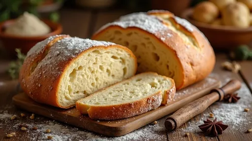 Prompt: (bread from Georgia), freshly baked, warm and inviting, traditional texture, crusty exterior, fluffy interior, artisan style, rustic setting, warm golden tones, cozy atmosphere, sprinkled flour details, surrounded by Georgian herbs and spices, intricate wooden table, high-quality HD, vibrant, delightful mood, showcasing cultural heritage.