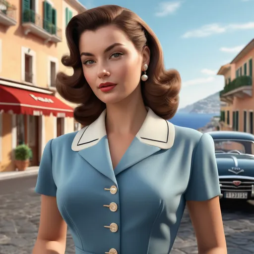 Prompt: Hyperrealistic 3D rendering of Annalisa in 50s Italian Capri fashion, photorealistic, accurate facial features, Prada outfit, high resolution 64k, detailed textures, realistic lighting, Capri street backdrop, sophisticated, elegant, photorealism, Italian fashion, 50s style, high quality, Prada, detailed design, accurate portrayal, realistic rendering, lifelike, professional, professional lighting