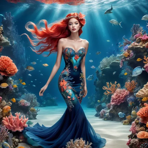 Prompt: (Ariel wearing dolce&gabbana), vibrant underwater scene, intricate costume details, luxurious fabric flowing, whimsical ocean flora and fauna surrounding her, stunning color palette of deep blues and bright corals, ethereal light filtering through water, (highly detailed), magical atmosphere, dreamlike quality, captivating and enchanting, rich textures, surreal elegance, HD.