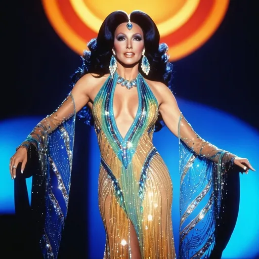 Prompt: Cher in Bob Mackie gown, glamorous stage outfit, intricate beadwork, shimmering fabric, vibrant and luxurious, high quality, detailed, glamorous, elegant, iconic, 70s style, stage lighting, extravagant, show-stopping, professional, highres, vibrant colors, sequins, dramatic silhouette, celebrity fashion, performing arts