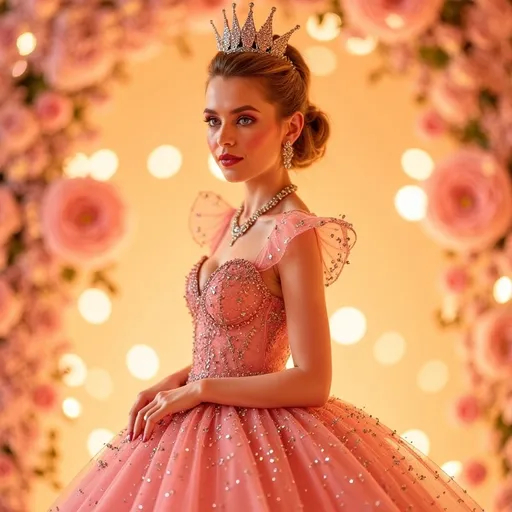 Prompt: (Glinda wearing Dolce&Gabbana ), elegant attire, whimsical and dazzling energy, fine details of the clothing, soft pastels and luxurious textures, sparkling accessories, enchanted ambiance, dreamy background with floating bubbles and apricot-colored light, warm and inviting atmosphere, high fashion representation, ultra-detailed, vibrant with magical elements.