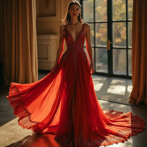 Prompt: (Gucci Sanremo dress), elegant high-fashion design, flowing fabric with intricate draping, lush textures, shimmering elegant fabrics, (vibrant colors), modern and luxurious ambiance, (ultra-detailed), soft diffused lighting to highlight details, stylish accessories, framed by a chic backdrop that enhances the garment's sophistication.