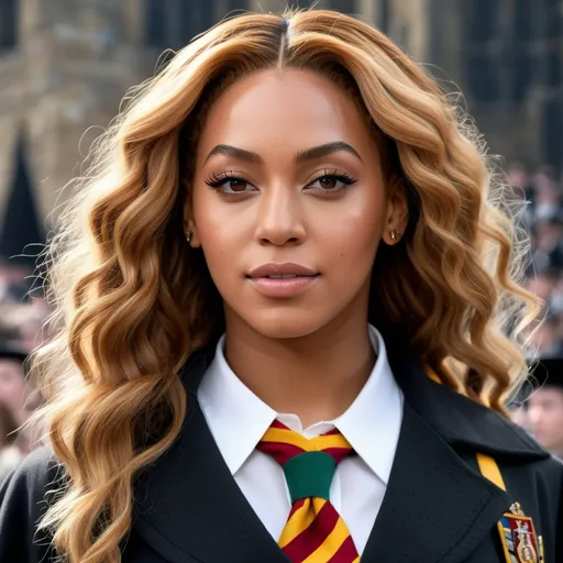 Prompt: Hyper realistic Beyoncé as a very detailed ultra hd 64k 3d quality Hermione Granger at Hogwarts background 