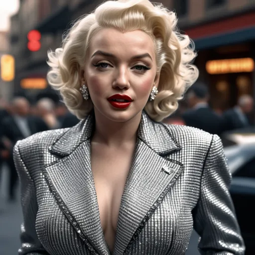 Prompt: Very detailed and hyper realistic Marilyn Monroe wearing a hyper realistic and very detailed Armani outfit 64k, ultra hd, 3d quality  500mpx reflex 