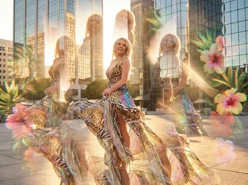Prompt: Picture a glamorous and vibrant multiexposure image of Britney Spears, adorned in a striking Roberto Cavalli gown that splashes with bold animal prints and iridescent materials. The setting is a sun-drenched urban landscape, where glittering skyscrapers reflect hues of gold and sunlit pink. Ethereal light filters through, casting elongated shadows and creating a dynamic interplay of colors that dance around her form. Britney strikes a playful pose, her eyes sparkling with mischief, as she is surrounded by swirling elements of nature—lush tropical leaves and vibrant florals that intertwine with the fabric of her dress, embodying the spirit of freedom and elegance. The artwork melds into a high-fashion dreamscape, embracing a cinematic lighting style that captivates the essence of glamour and vitality.