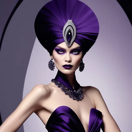 Prompt: Yzma (fashion icon) reimagined by Armani, (elegant couture), dramatic silhouette, high-fashion details, (luxurious fabrics), stylish accessories, modern color palette, sophisticated textures, (glamorous pose), captivating expression, sleek background, (vibrant lighting), atmospheric vibes of opulence, (ultra-detailed), breathtaking design elements, (runway inspiration), fashion universe concept.