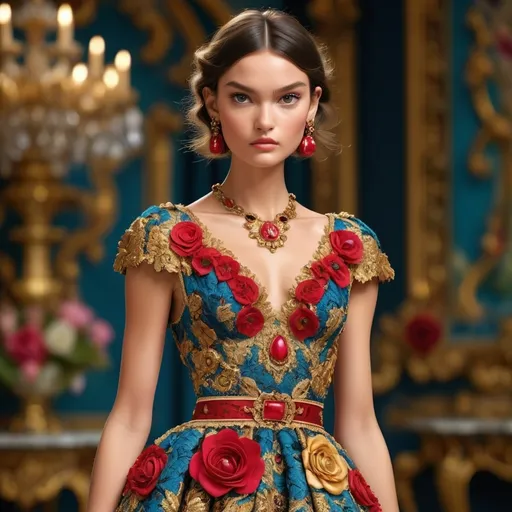 Prompt: Dolce&Gabbana (elegant dress), high-fashion design, luxurious materials, intricate patterns, and texture details, vibrant colors enveloping contrasting elements, setting a (glamorous) mood, striking silhouettes on a dramatic, soft-focus background, equipped with sophisticated accessories, opulent ambiance, showcasing top-tier haute couture, ultra-detailed, 4K quality.