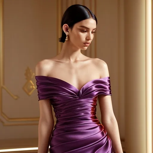 Prompt: (Fendi silk dress), luxurious design, elegant draping, intricate textures, (vibrant colors), high fashion ambiance, graceful silhouette, refined detailing, (4K resolution), opulent lifestyle background, soft lighting highlighting the fabric's sheen, sophisticated mood, artistic composition combining high couture with a sense of artistic beauty.