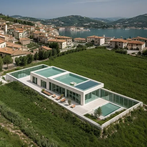 Prompt: Sustainable green building into a north Italian town onto the Adriatic sea