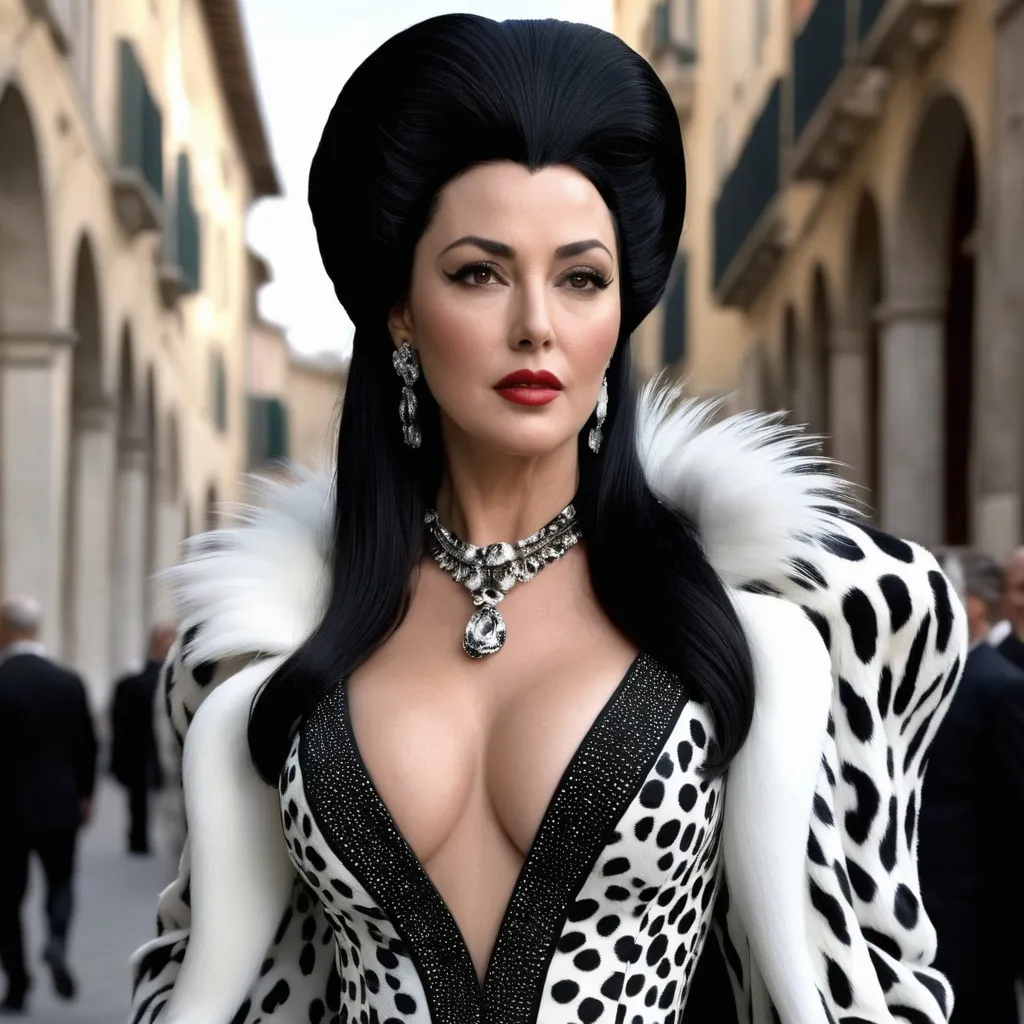 Prompt: A hyper realistic Monica Bellucci as Cruella in a Pucci very detailed and accurated 64k quality HD 3D outfit