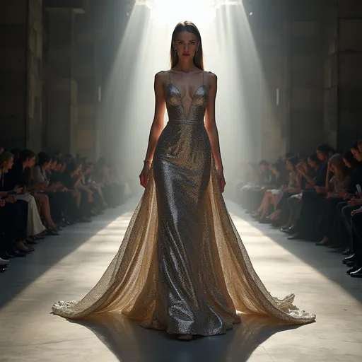 Prompt: Paco Rabanne dress, stunning metallic textures, futuristically elegant design, intricate details shimmering in the light, soft atmospheric glow, chic and innovative fashion statement, high fashion runway style, elegant silhouette, artful composition, ultra-detailed, extravagant craftsmanship, captivating background of modern architecture, luxurious ambiance, 4K resolution.